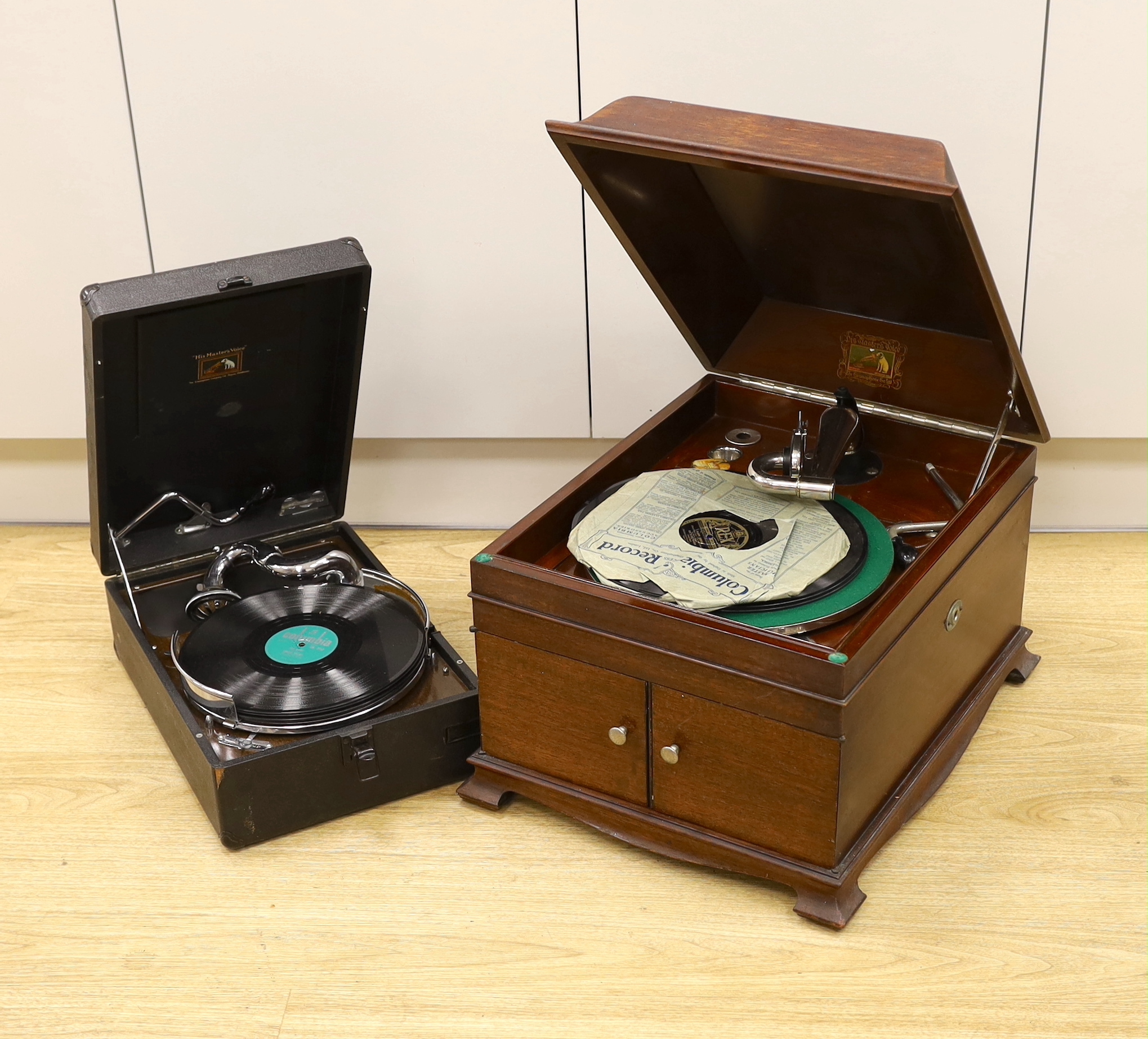 An HMV gramophone and a portable HMV gramophone, together with a small number of 78s